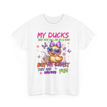 White t-shirt with a colorful duck graphic and text on a white background