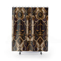Decorative shower curtain with Virgo Zodiac and geometric patterns on a dark background