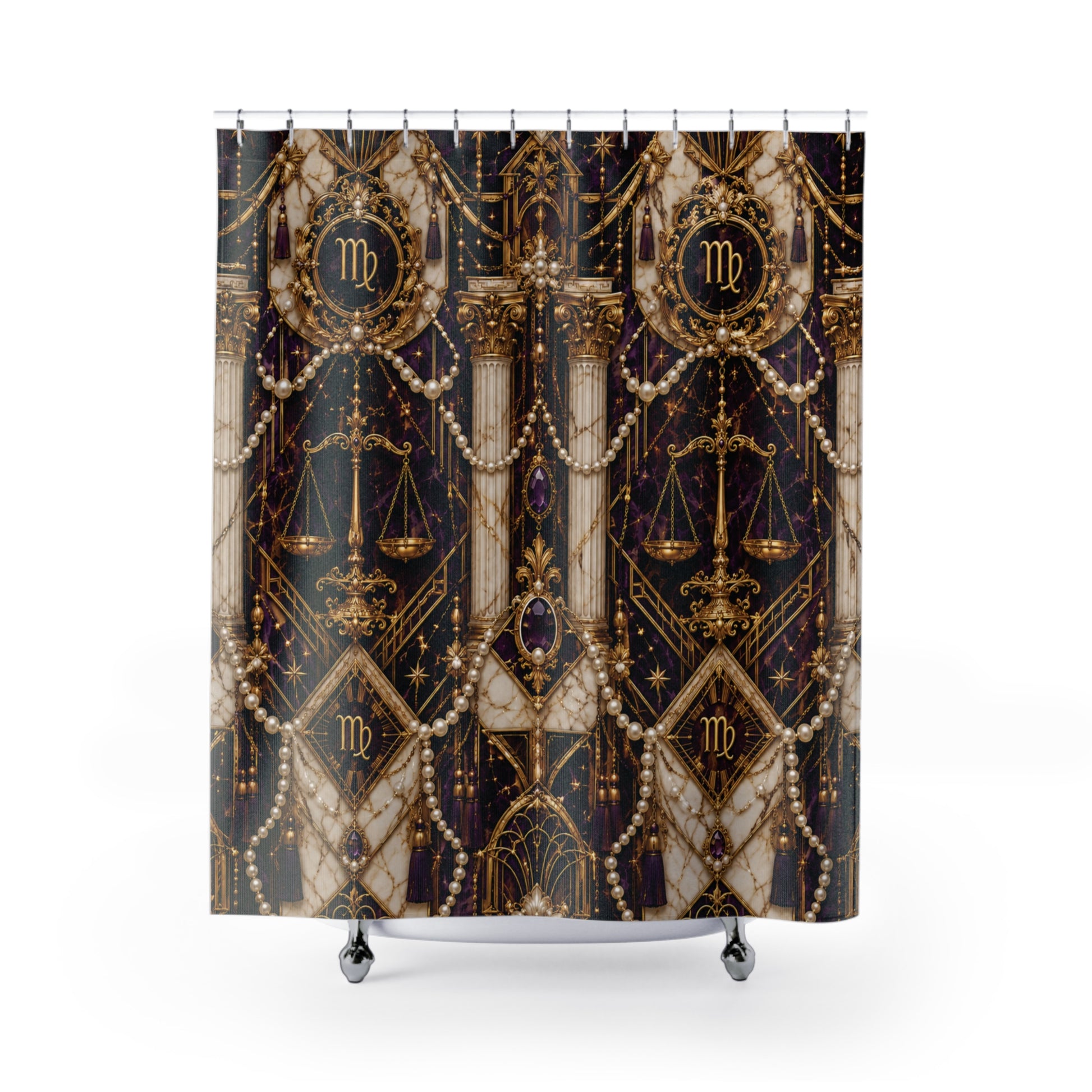 Decorative shower curtain with Virgo Zodiac and geometric patterns on a dark background