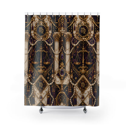 Decorative shower curtain with Virgo Zodiac and geometric patterns on a dark background