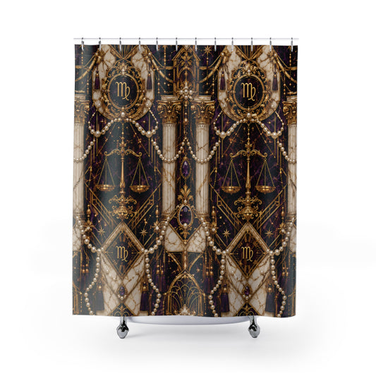 Decorative shower curtain with Virgo Zodiac and geometric patterns on a dark background