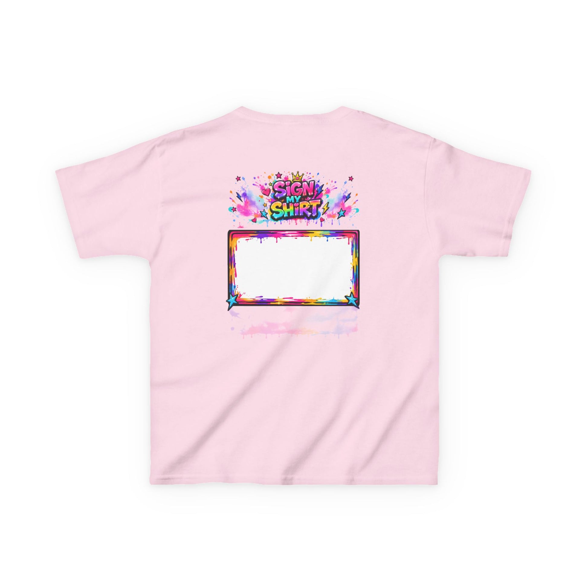 Pink t-shirt with colorful graphic design on a white background