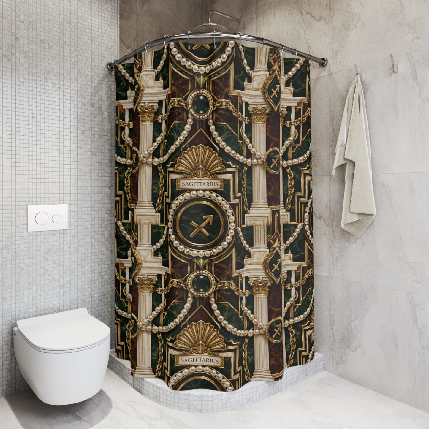 Decorative shower curtain with zodiac design in a bathroom setting