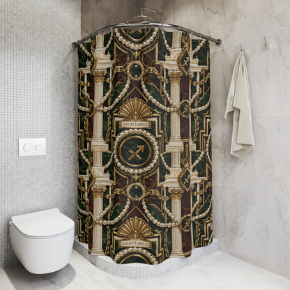 Decorative shower curtain with zodiac design in a bathroom setting