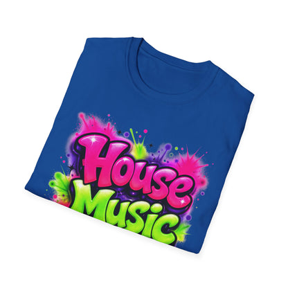 Folded blue t-shirt with 'House Music' text in colorful letters on a white background