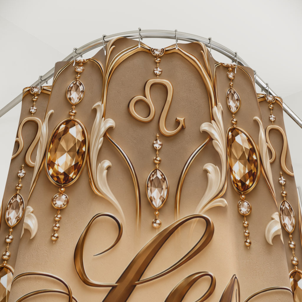Leo Zodiac Shower Curtain — Elegant Gold Astrological Bathroom Decor