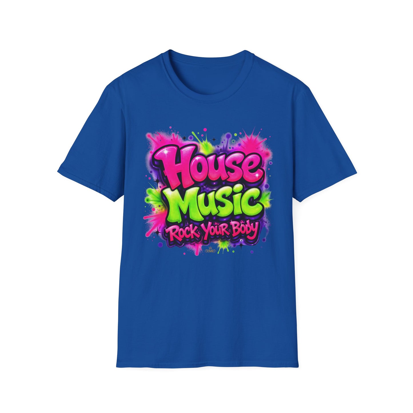 Blue t-shirt with colorful 'House Music Rock Your Body' text on a white background