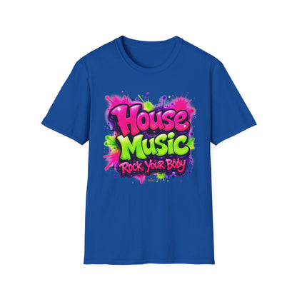 Blue t-shirt with colorful 'House Music Rock Your Body' text on a white background