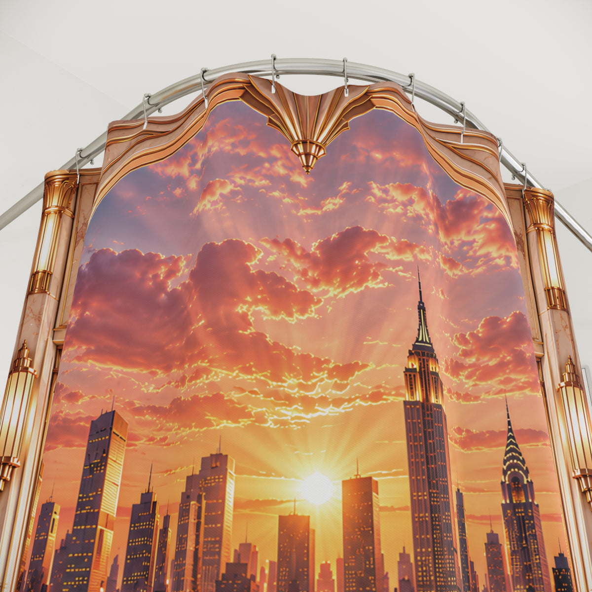 Manhattan Rose Gold Sunrise Luxury Shower Curtain | Blush Pink & Champagne Gold NYC Skyline Art Deco Bathroom Décor