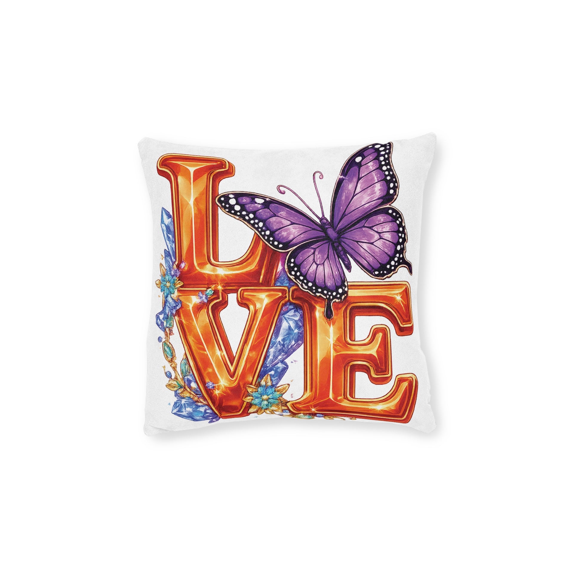 Decorative pillow with 'LOVE' in orange letters and a purple butterfly on a white background