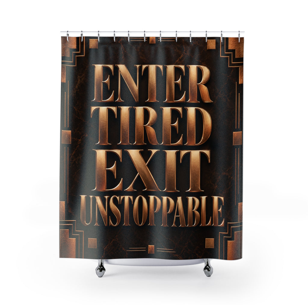 Luxury Espresso Brown & Bronze Shower Curtain | Enter Tired Exit Unstoppable | Copper Marble Art Deco Bathroom Decor