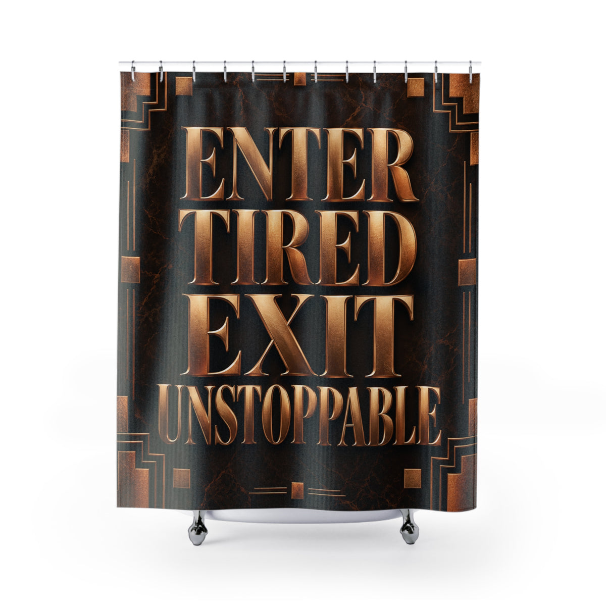 Luxury Espresso Brown & Bronze Shower Curtain | Enter Tired Exit Unstoppable | Copper Marble Art Deco Bathroom Decor