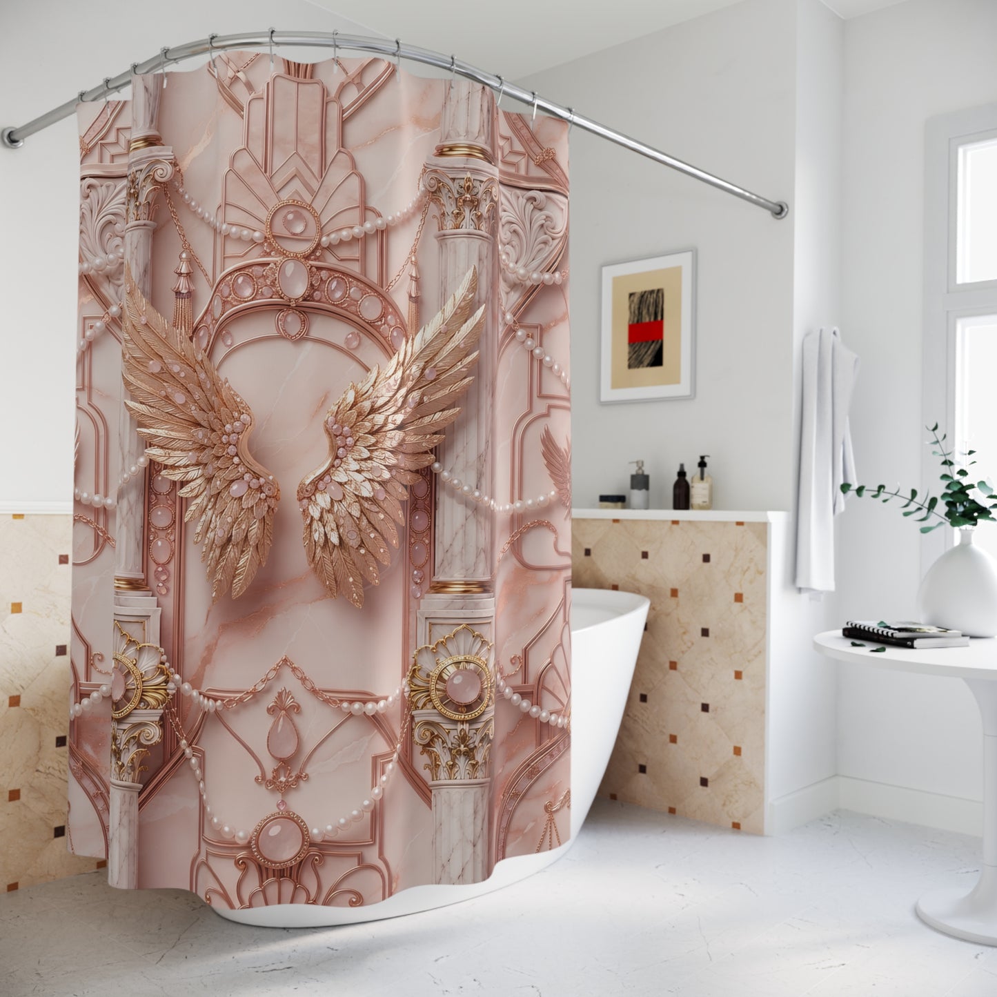 Baroque Angel Wings Shower Curtain — Rose Gold Ornate Bathroom Décor