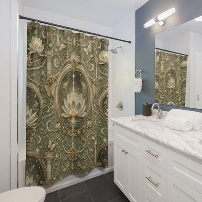 Bathroom with ornate  shower curtain and vanity.