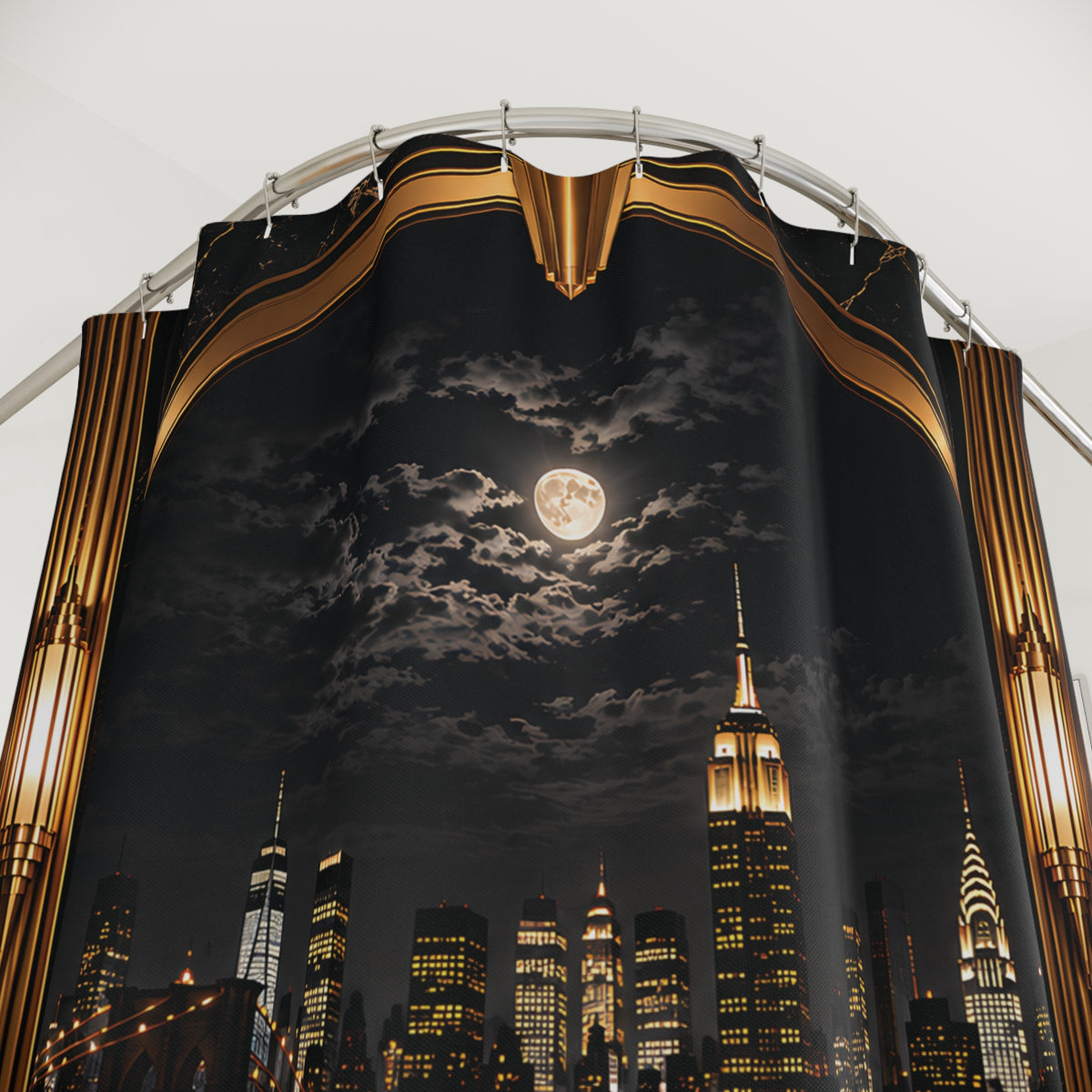 Manhattan Noir Luxe – Black & Gold Art Deco NYC Skyline Shower Curtain | Luxury Masculine Bathroom Décor