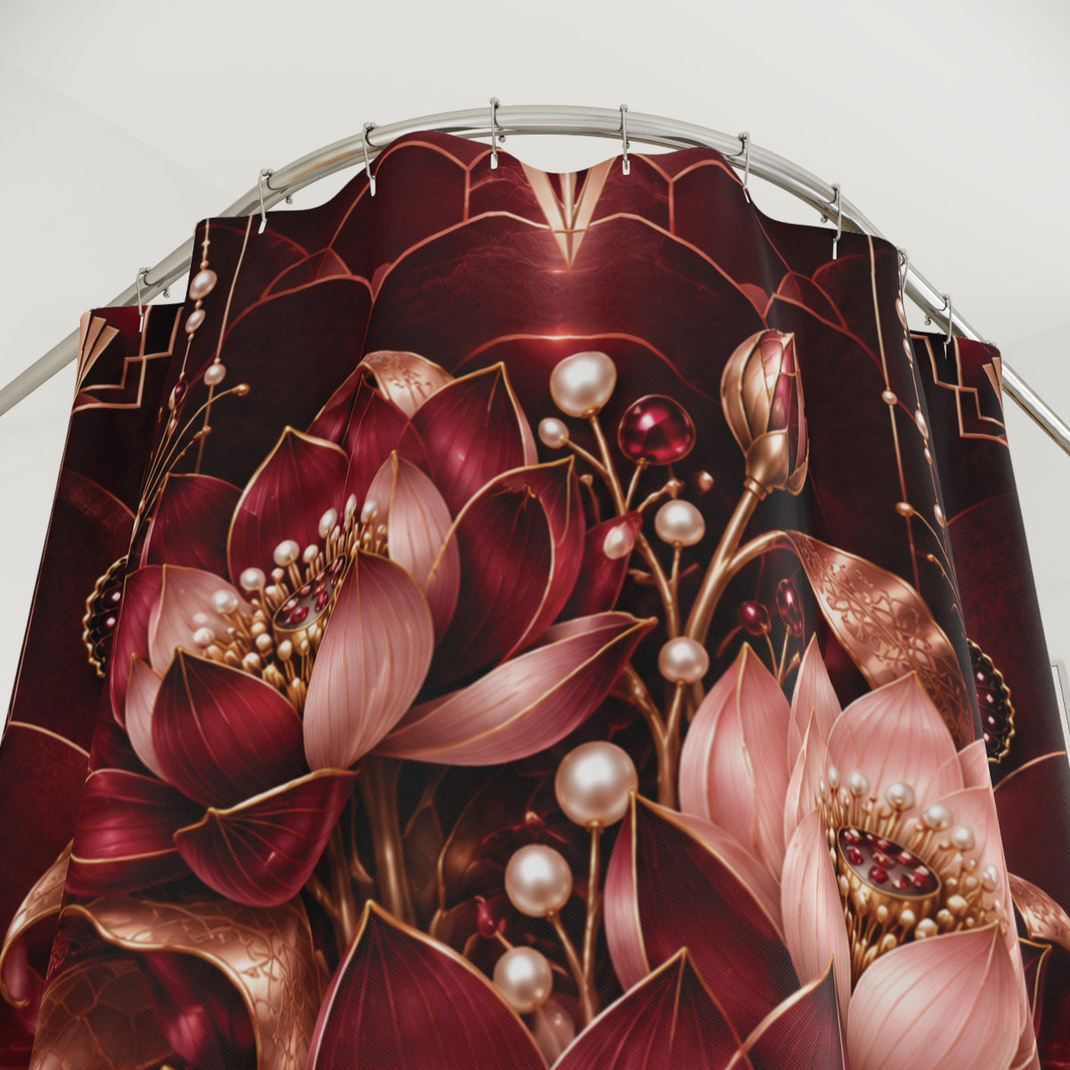 Burgundy Floral Lotus Shower Curtain — Elegant Pearl & Art Deco Bathroom Decor