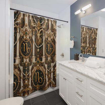 Bathroom with decorative Capricorn Zodiac shower curtain featuring zodiac symbols.