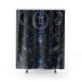 Shower curtain with celestial design featuring zodiac signs on a black background