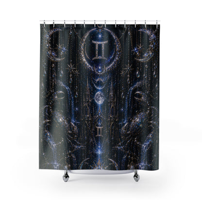 Gemini Zodiac Luxury Gothic Shower Curtain — Gold Jewel Art Deco Bath Decor, Pearl Draping, Twin Emblem Design