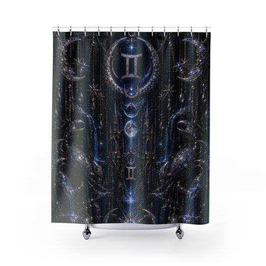 Gemini Zodiac Luxury Gothic Shower Curtain — Gold Jewel Art Deco Bath Decor, Pearl Draping, Twin Emblem Design