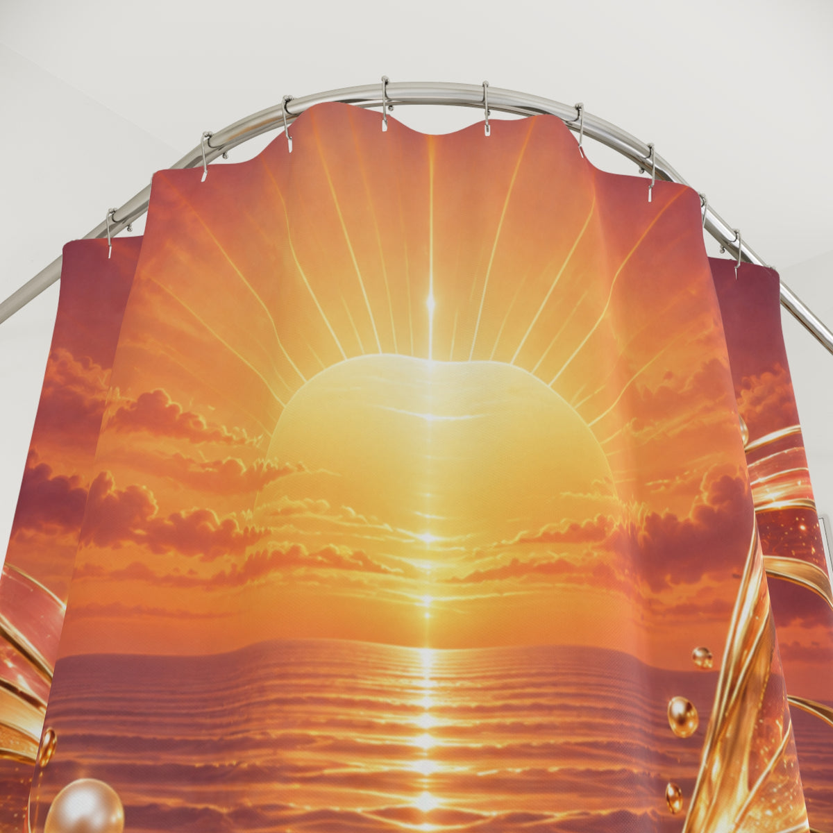 A shower curtain featuring a vibrant golden sunset over the ocean, hanging from a curved silver metal rod against a plain light background.
