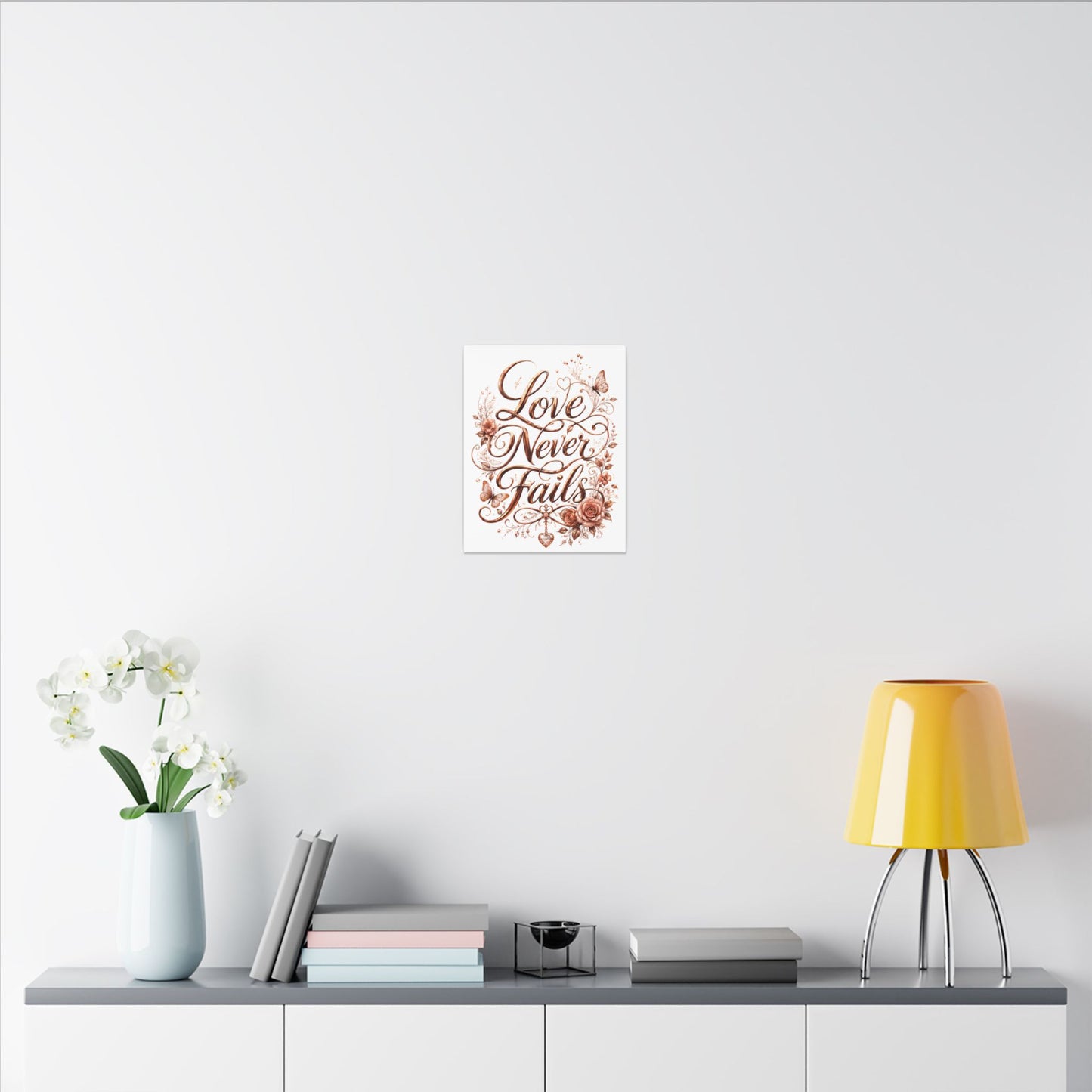 Love Never Fails Floral Canvas Wall Art — Romantic Rose Gold Typography