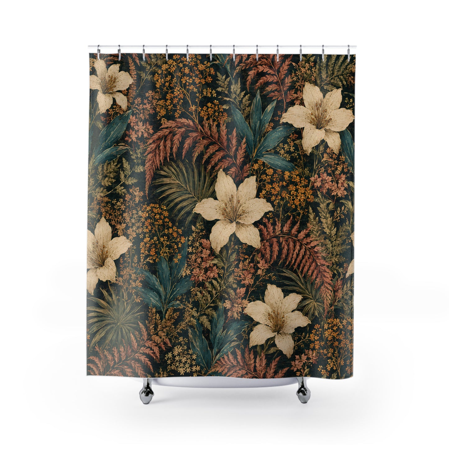 A shower curtain featuring a dense botanical pattern with large cream lilies, teal and rust ferns, and small orange flowers on a dark background, shown hanging from silver hooks with a white tub edge visible below.