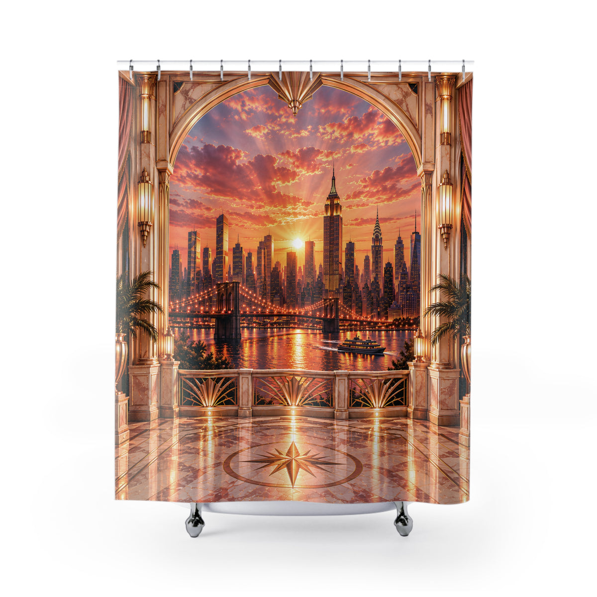 Manhattan Rose Gold Sunrise Luxury Shower Curtain | Blush Pink & Champagne Gold NYC Skyline Art Deco Bathroom Décor