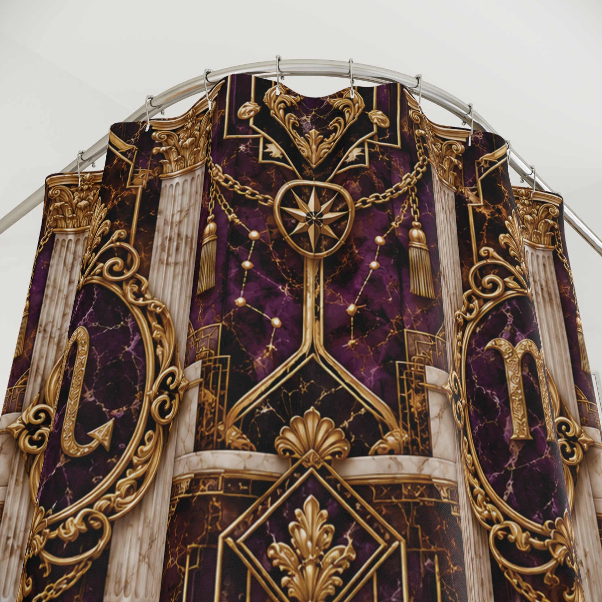 Decorative Scorpio Zodiac purple and gold shower curtain with intricate patterns on a white background