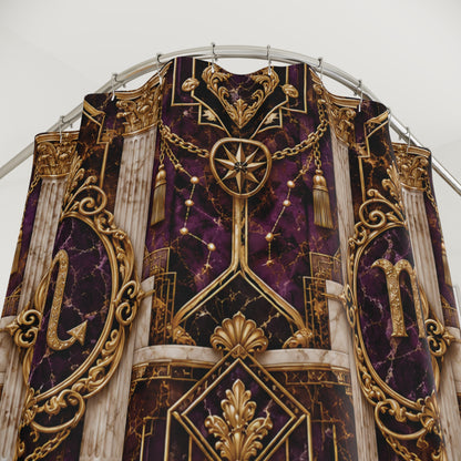 Decorative Scorpio Zodiac purple and gold shower curtain with intricate patterns on a white background