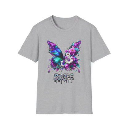 Gray t-shirt with a colorful butterfly design and ''BOOjEE'' text on a white background