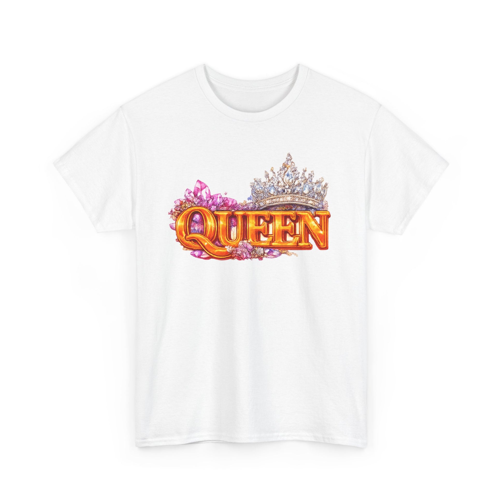 White t-shirt with 'QUEEN' text and crown design on a white background