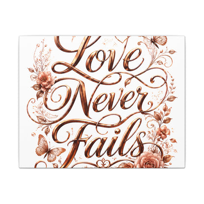 Love Never Fails Floral Canvas Wall Art — Romantic Rose Gold Typography