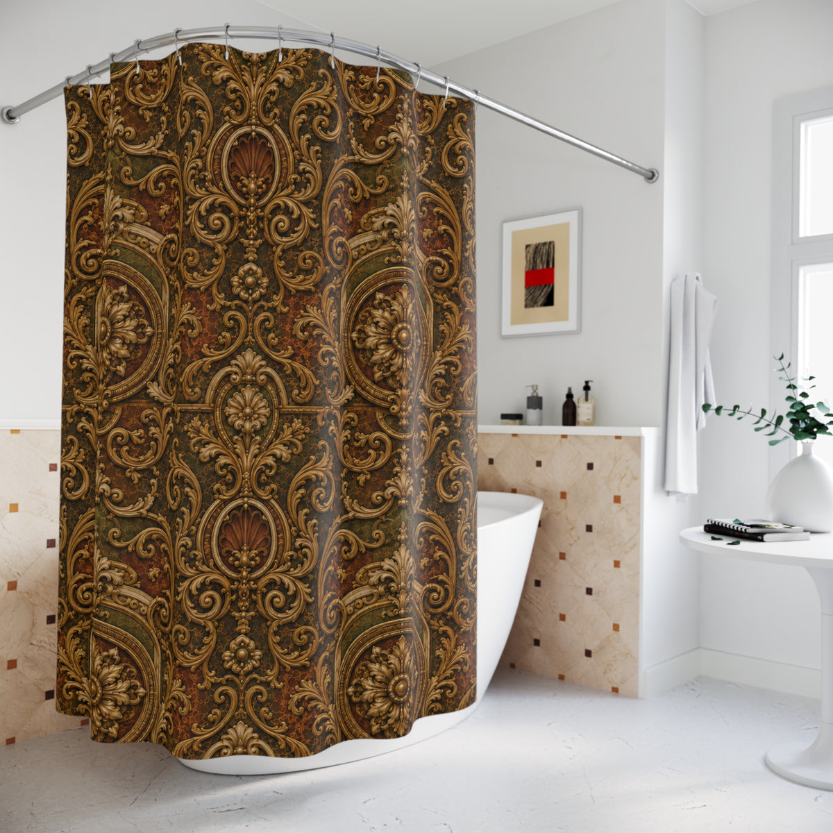 Elegant white château bathroom showcasing a richly detailed Renaissance-patterned shower curtain as the focal point.
