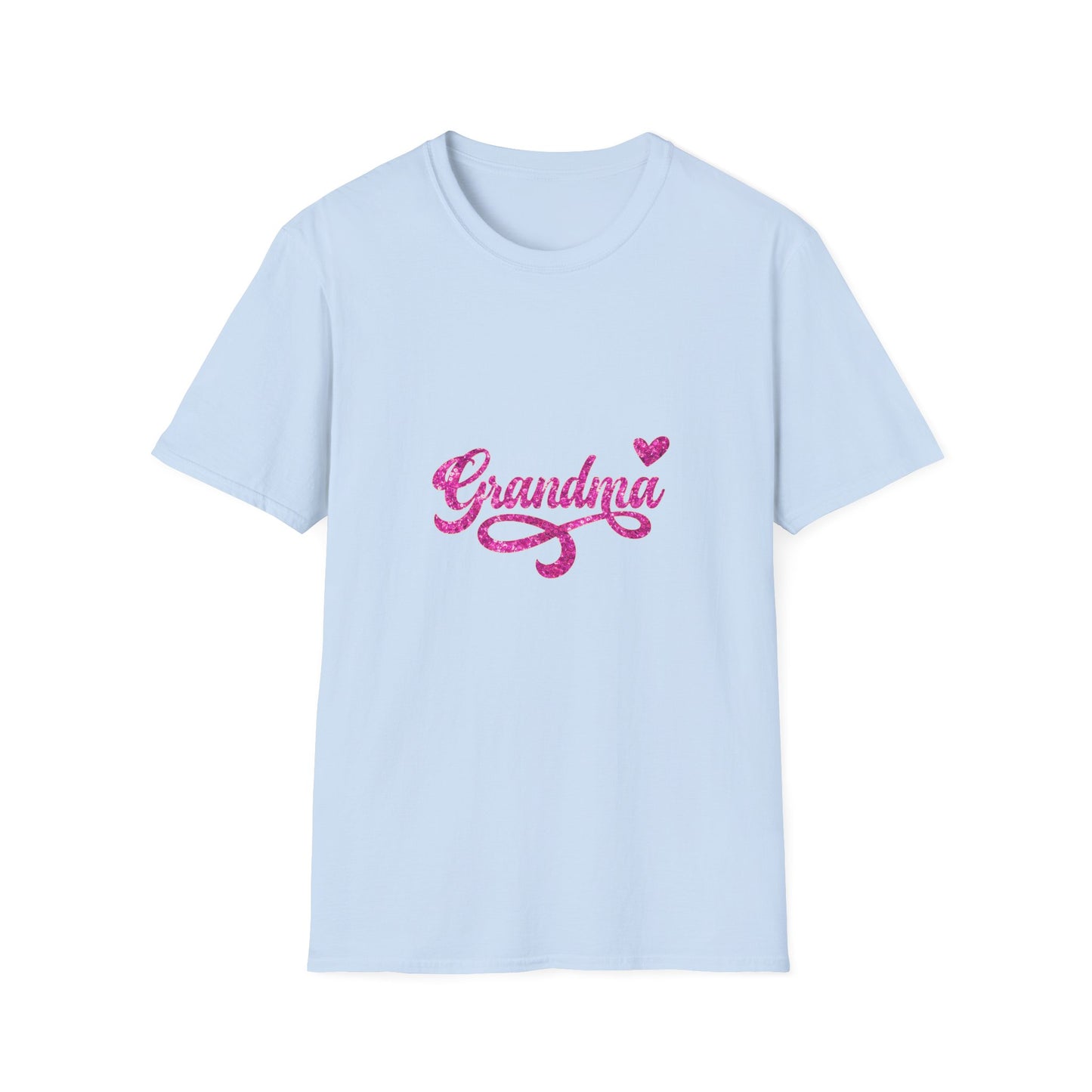 Light blue t-shirt with pink 'Grandma' text on a white background