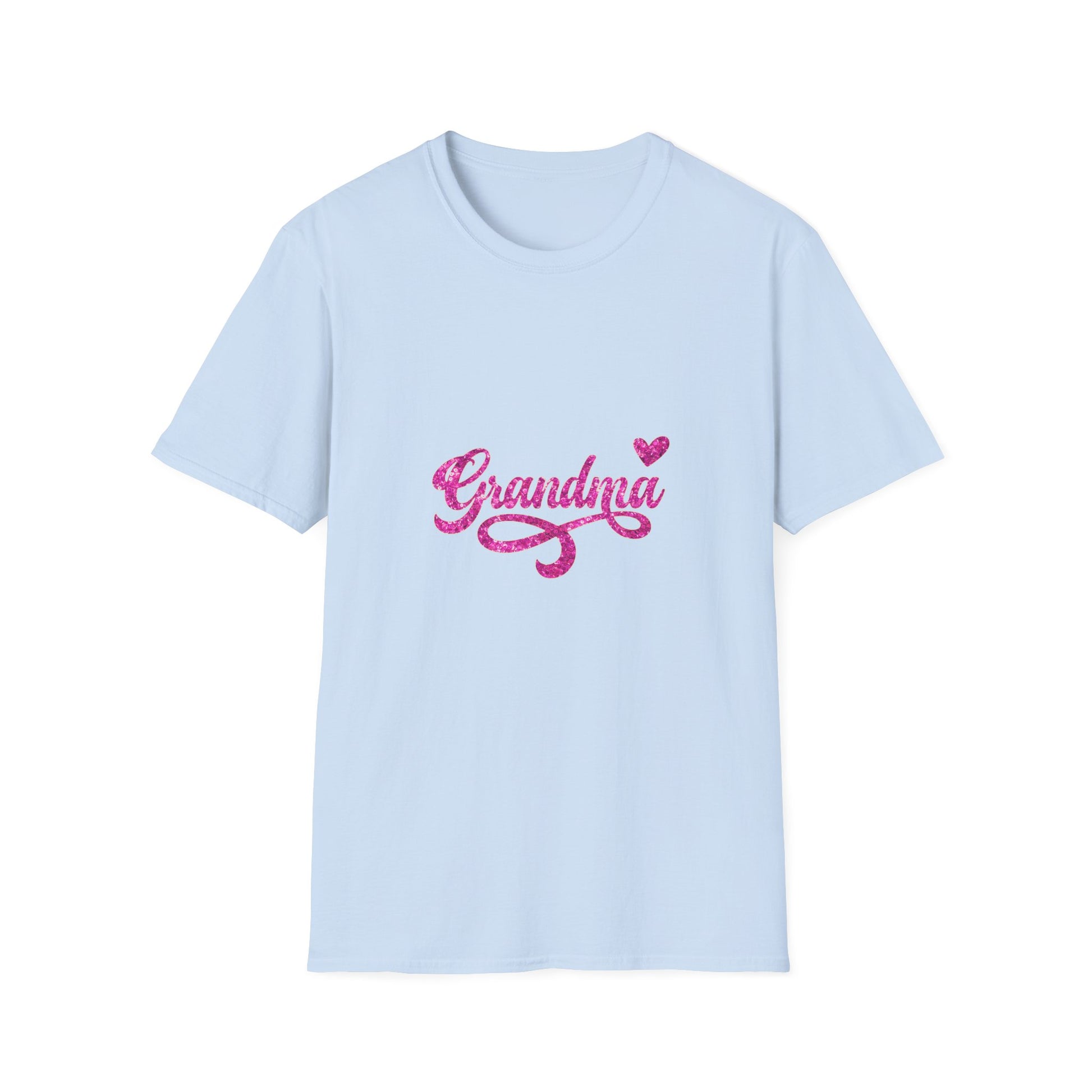 Light blue t-shirt with pink 'Grandma' text on a white background