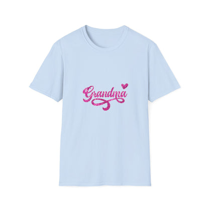 Light blue t-shirt with pink 'Grandma' text on a white background