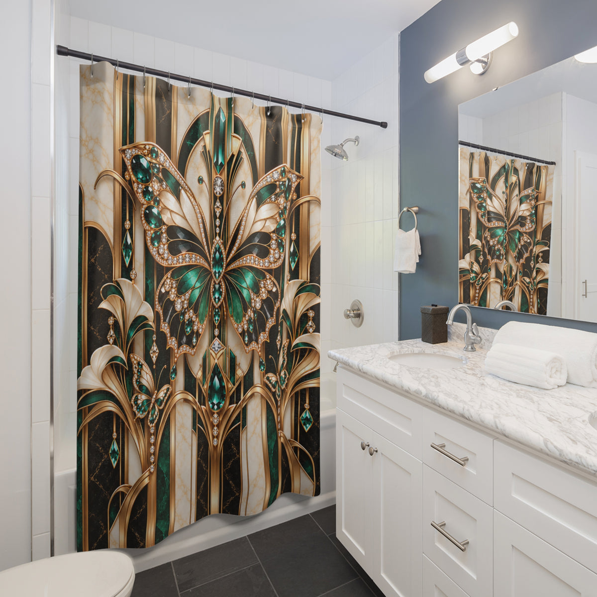Emerald Butterfly — Luxurious Jewel-Tone Shower Curtain