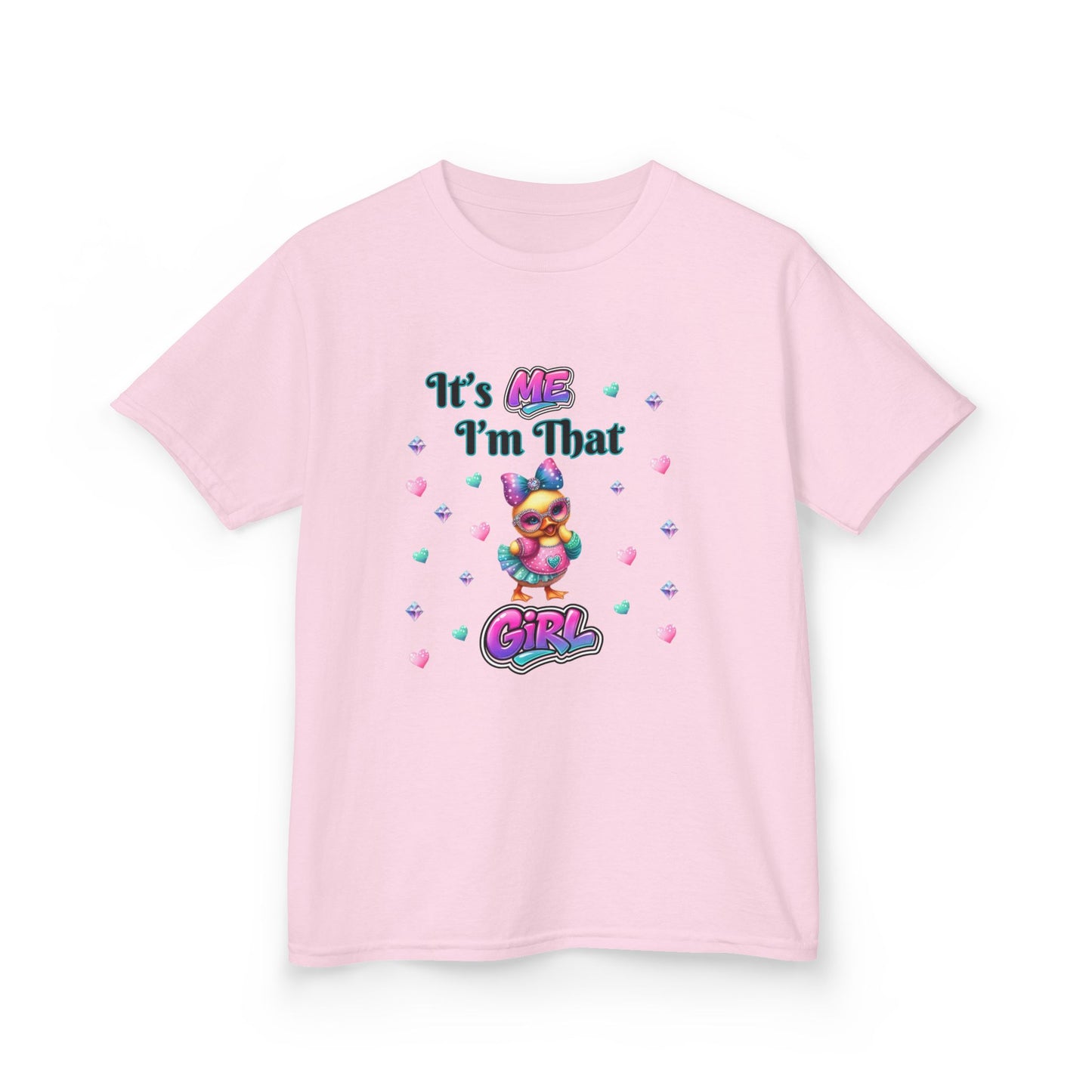 Pink t-shirt with cartoon character and text on a white background
