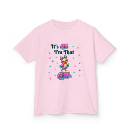 Pink t-shirt with cartoon character and text on a white background