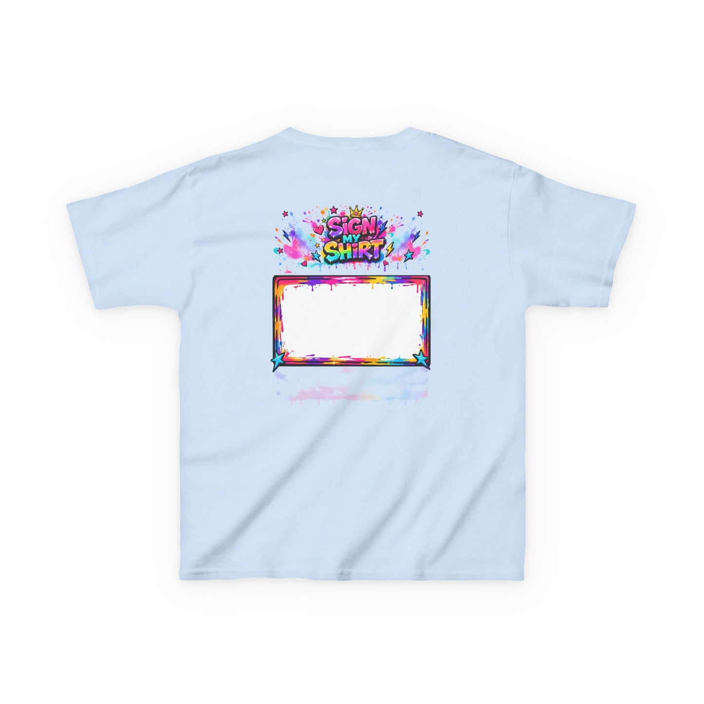 Light blue t-shirt with colorful graphic design on a white background