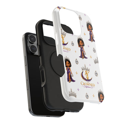 Phone case with a design of a woman in a purple dress and crowns on a white background