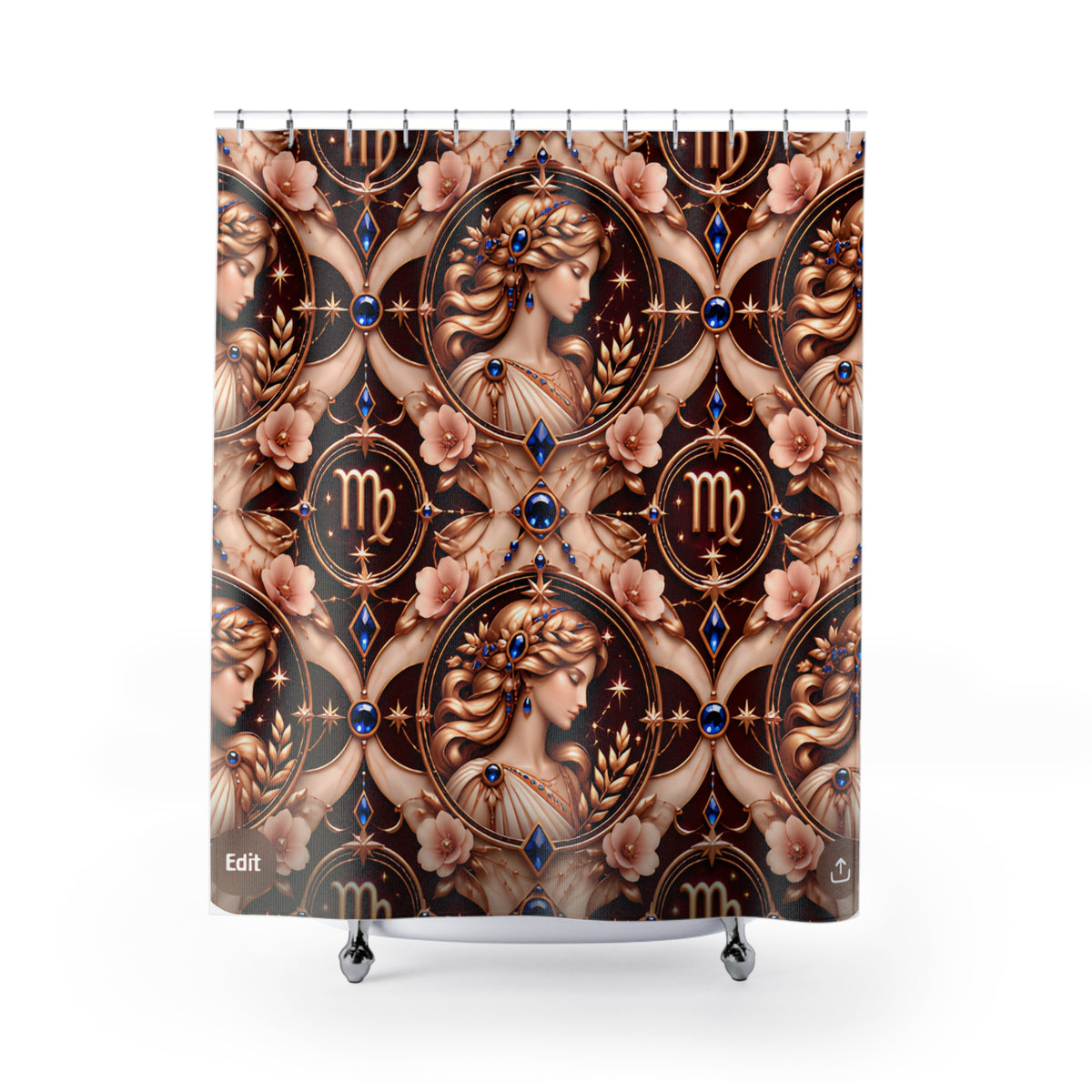 A shower curtain featuring a repeating celestial and astrological pattern with zodiac symbols, floral motifs, and blue gem accents on a dark background, shown hanging from hooks with a white tub foot visible at the bottom.