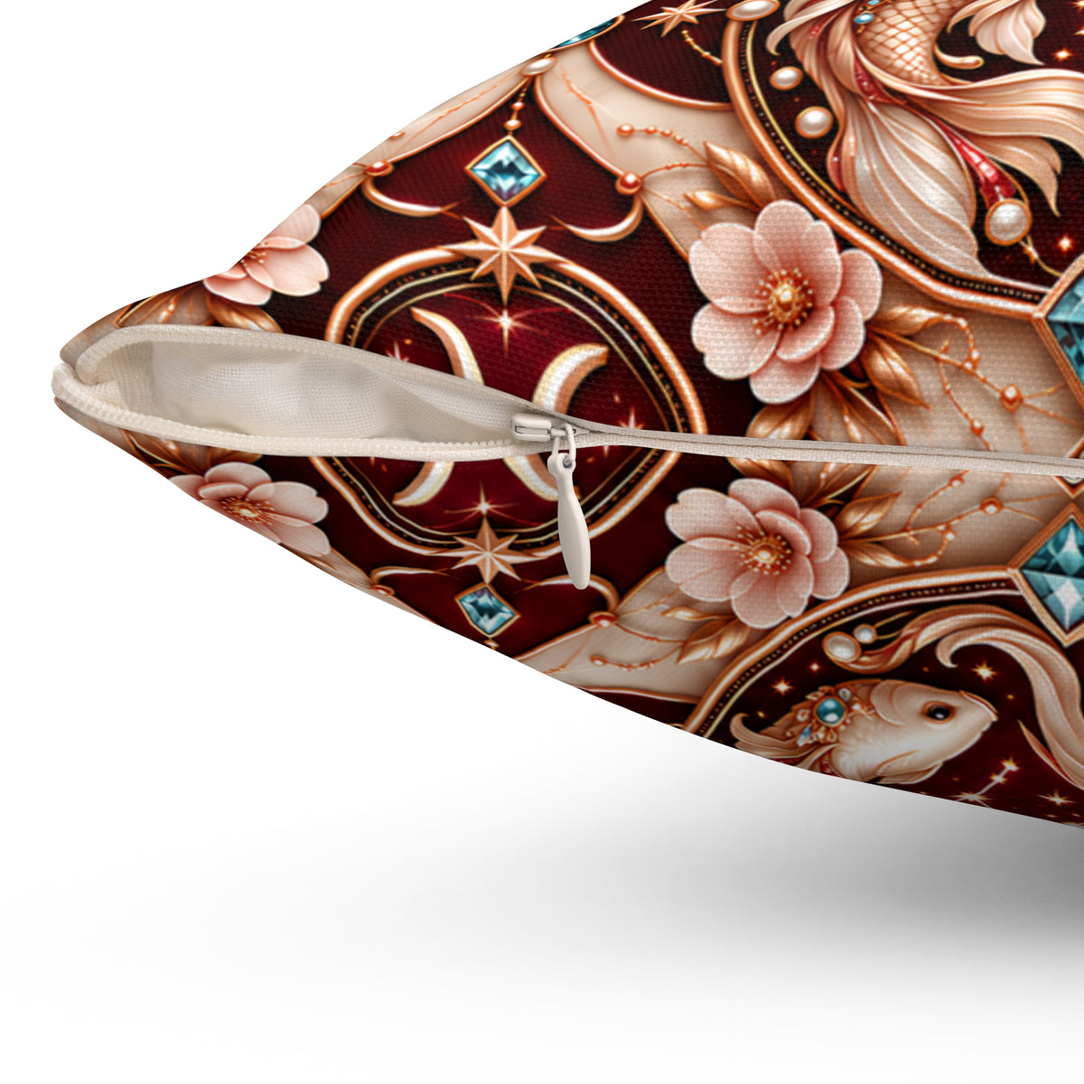 Close-up of a decorative throw pillow showing its zipper closure and detailed print. The print features a rich, ornate design with a deep burgundy background, gold celestial motifs, pink flowers, and a fish, accented with small blue gem details.