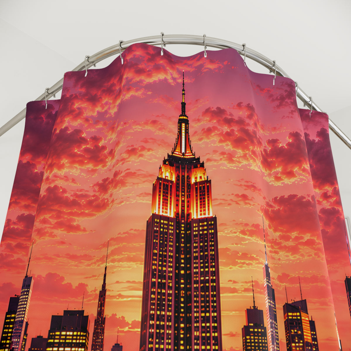 **New York City Skyline at Sunset – Luxury Pink & Gold Manhattan Cityscape Shower Curtain | Empire State Building Urban Glam Bathroom Décor**
