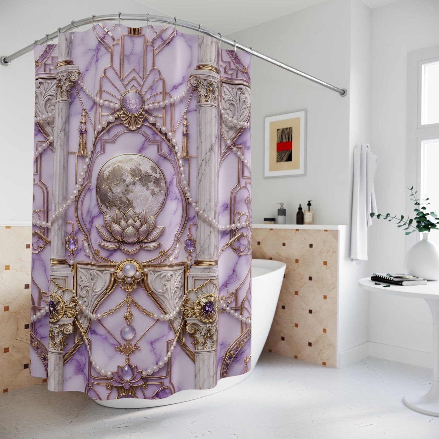 Moonlit Baroque Shower Curtain — Purple Marble, Pearls & Ornate Columns