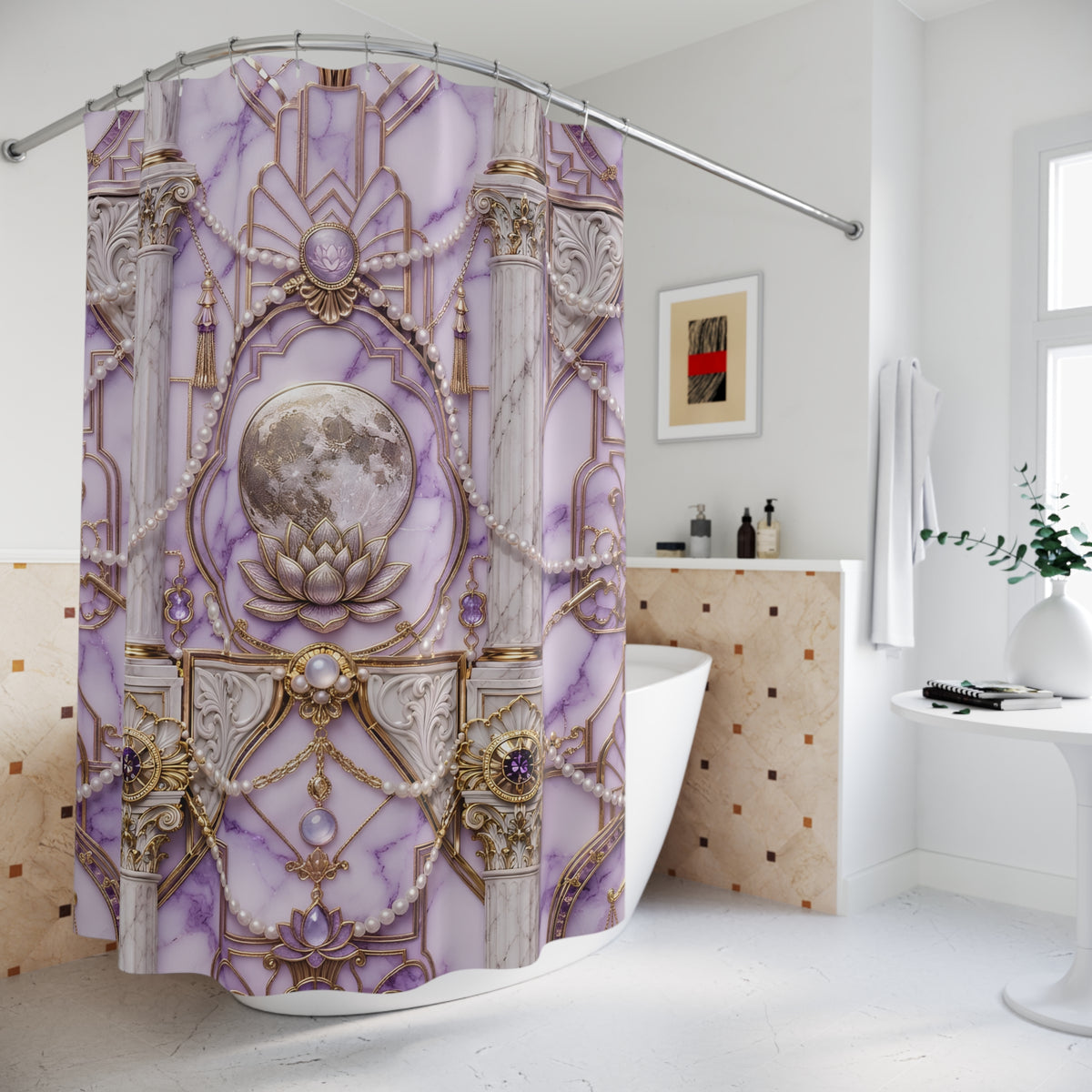 A purple and white marble-patterned shower curtain with gold filigree details, hanging in a bright white bathroom next to a bathtub.