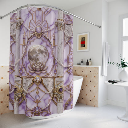 Moonlit Baroque Shower Curtain — Purple Marble, Pearls & Ornate Columns