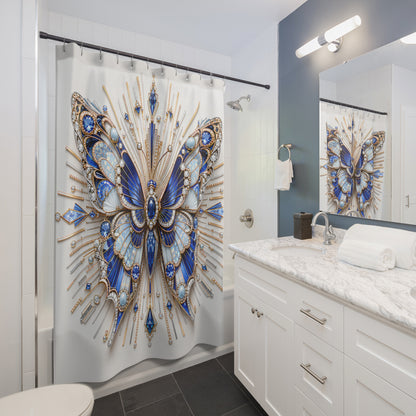 A white shower curtain featuring a large ornate blue and gold butterfly design, hanging in a modern bathroom with a white vanity, marble countertop, and mirror reflecting the curtain.