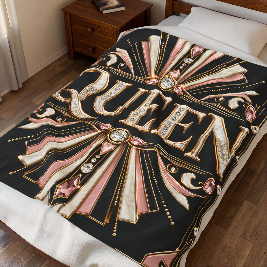 A black bedding blanket featuring a bold, ornate 'QUEEN' graphic in gold, pink, and cream with jewel-like accents, styled on a bed in a bedroom setting.